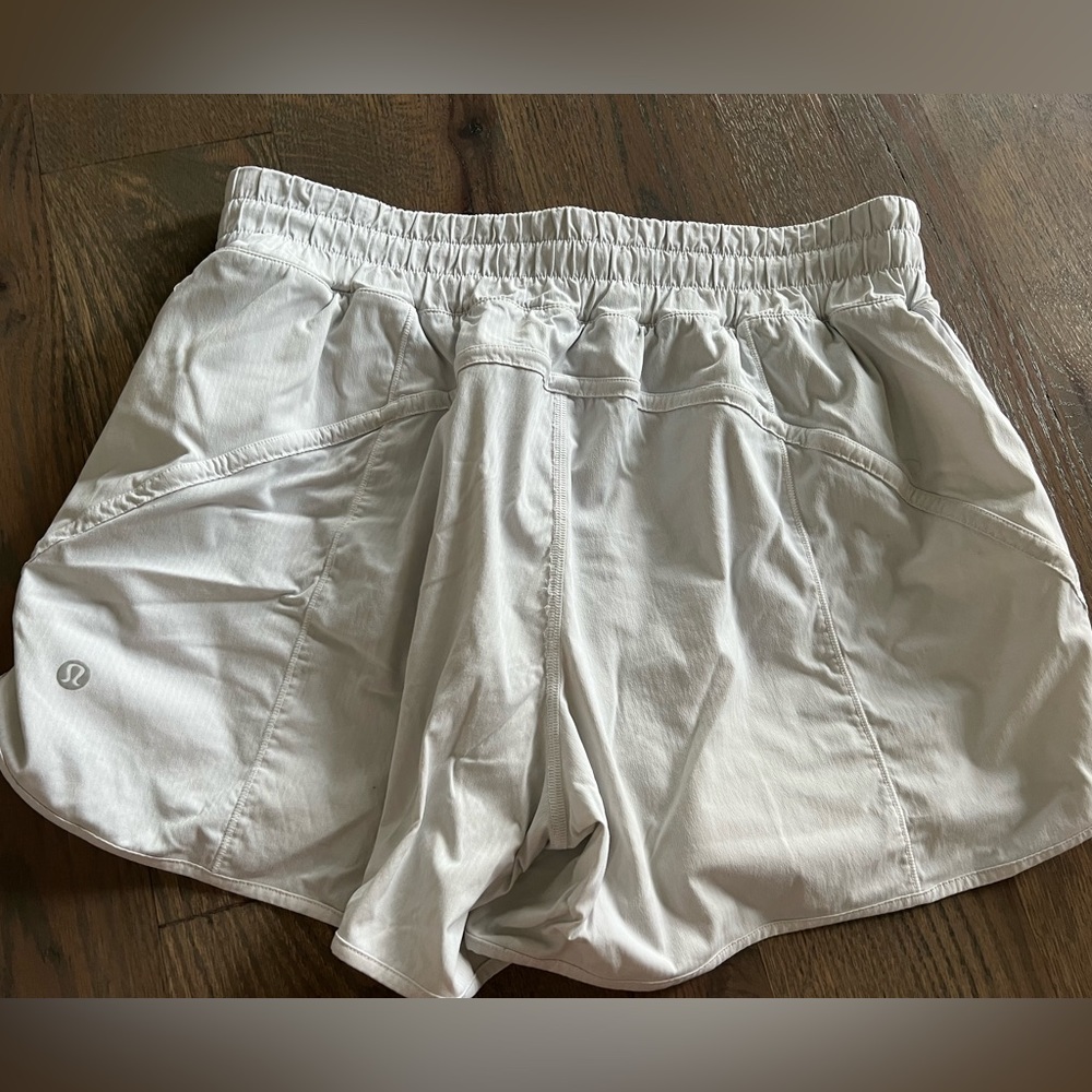 lululemon white track that high rise lined shorts 3”, size 12